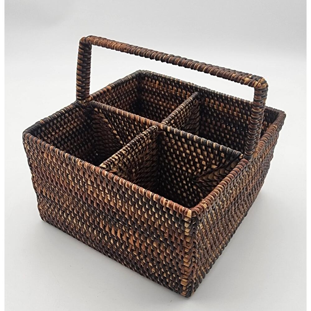 Vintage Rattan Woven Silverware Utensil Holder Picnic Caddy w Handle, 4 Sections
